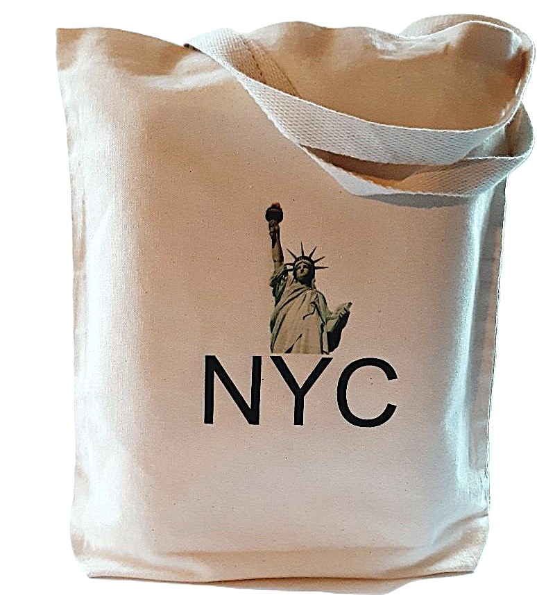 photo of tote canvas bag showing the statue of liberty with with letters NYC.